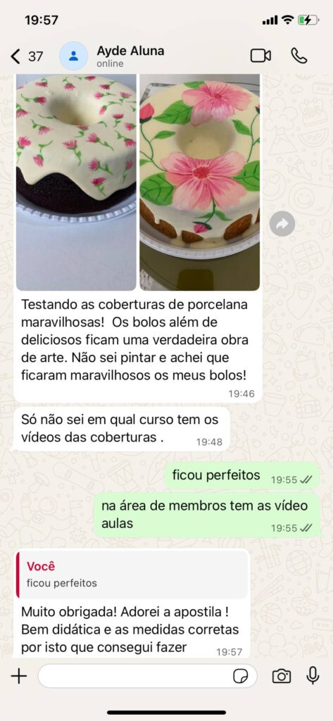 Print de depoimento de aluna do curso de bolos caseirinhos decorados