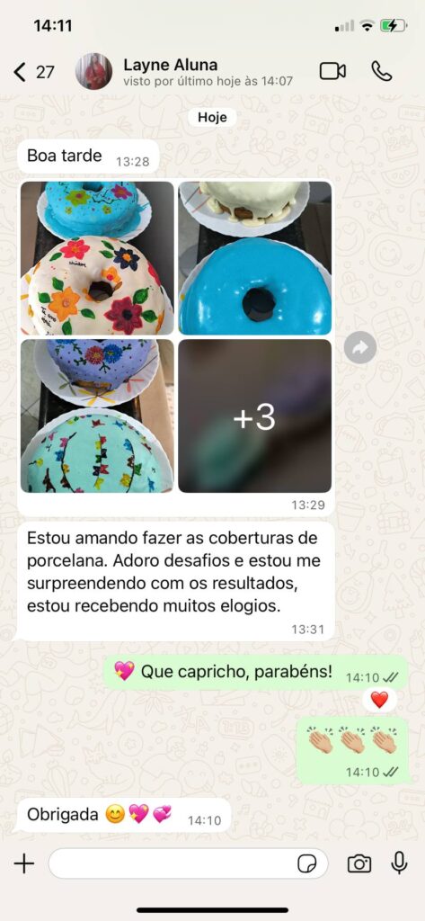 Print de depoimento de aluna do curso de bolos caseirinhos decorados