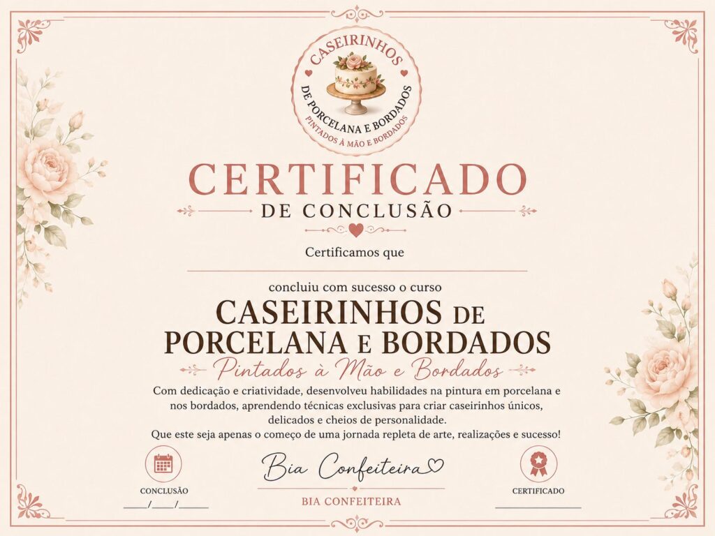 Certificado de conclusão do curso de bolos caseirinhos, porcelana e bordados