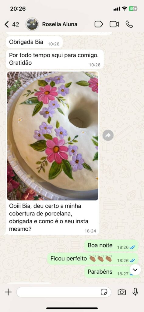Print de depoimento de aluna do curso de bolos caseirinhos decorados